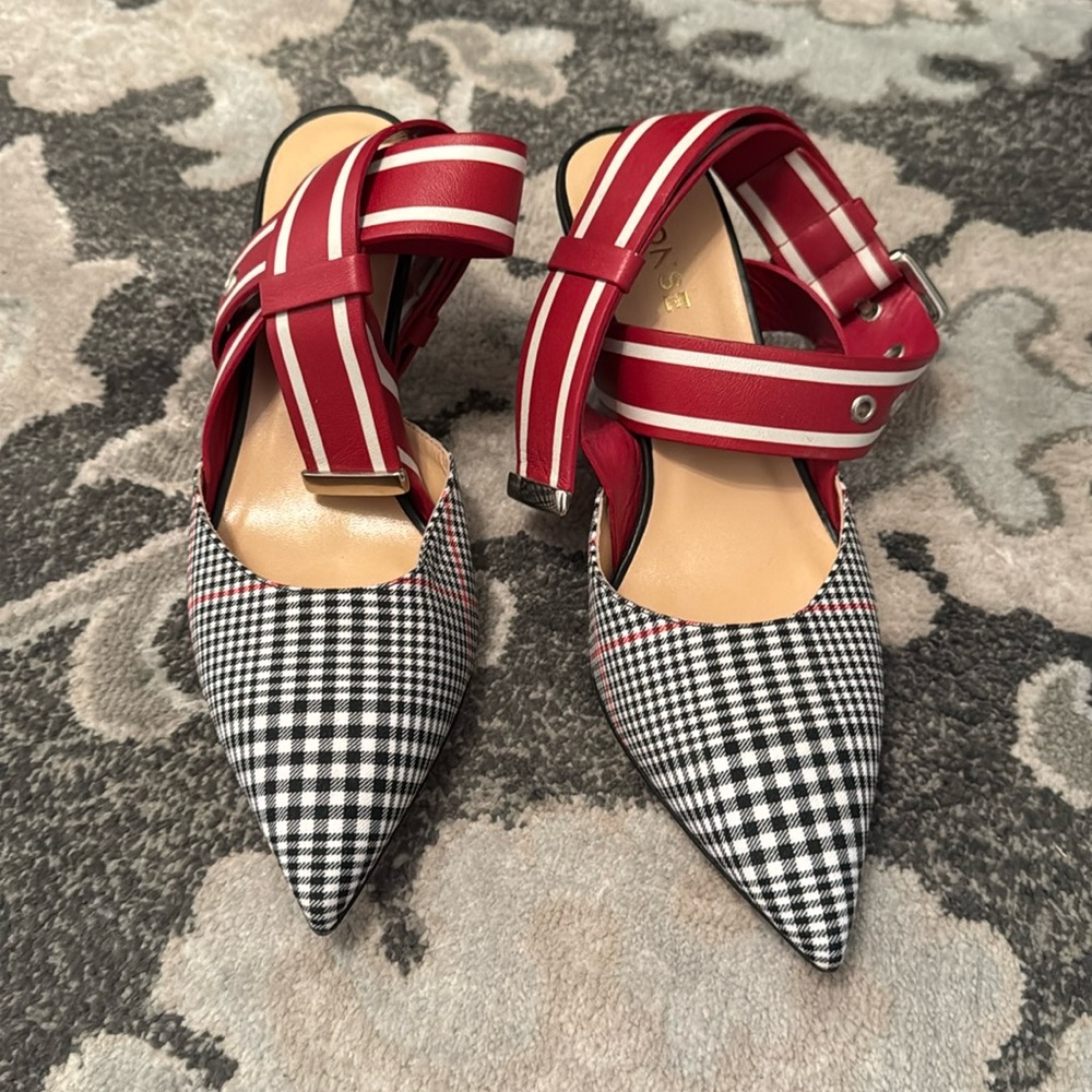 MONSE Red and Black Gingham Pointed-Toe Heels with Striped Ankle Straps